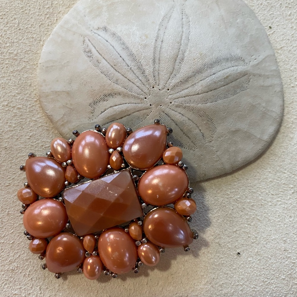 Liz Claiborne Coral and Silver tone Vintage Brooch 1 1/2 inches x 1 3/4 inches